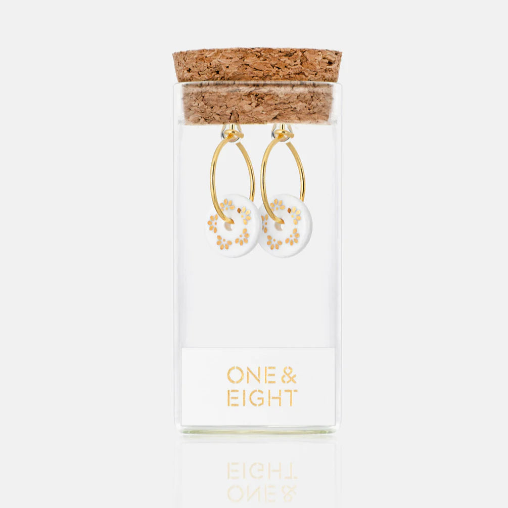 1&8_gold_Porcelain_white_pose_earrings in glass jar