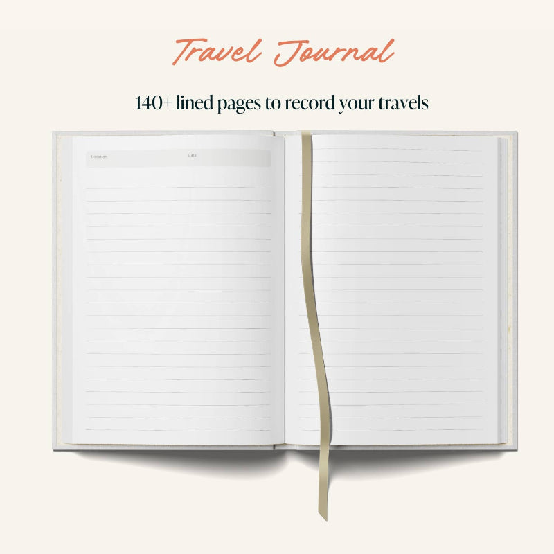 Open travel journal with lined pages on a white background