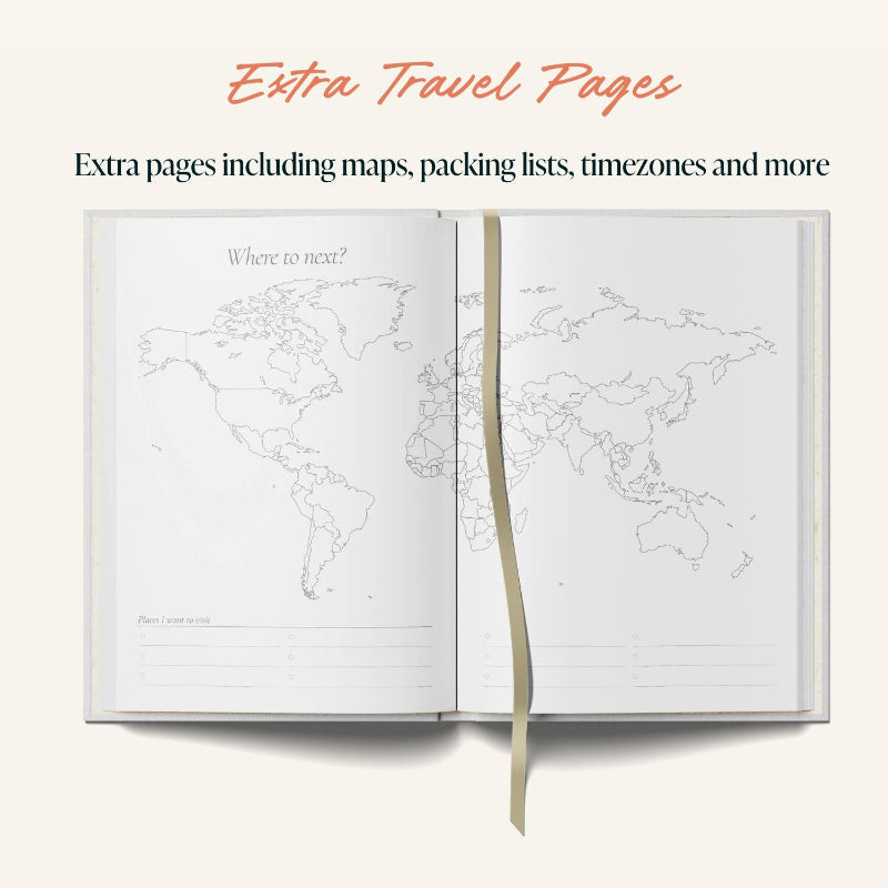 Open book with world map on a white background, featuring text about extra travel pages.