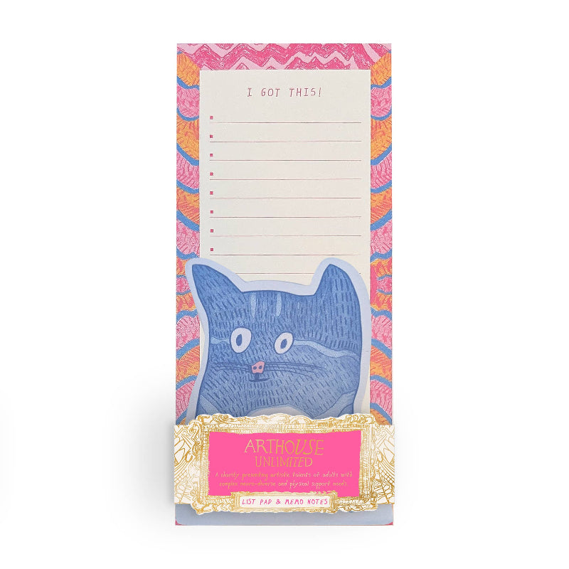 Notepad with a cat illustration and colorful border, featuring the brand 'Arthouse'.