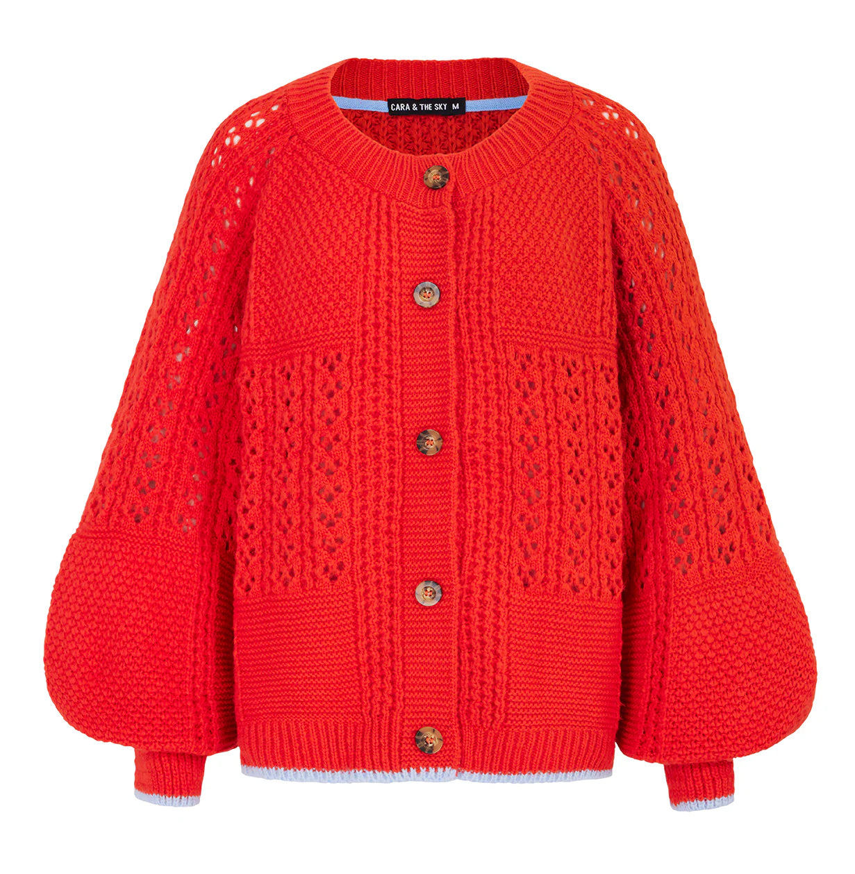 Red knitted cardigan with button details on a white background
