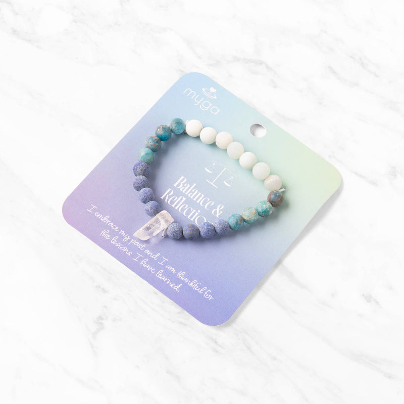 Beaded bracelet on a branded card with a white background