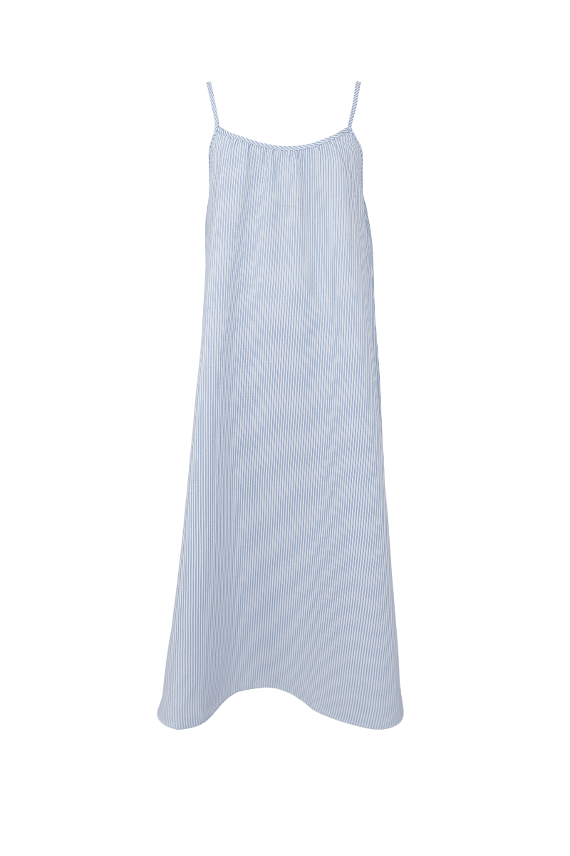A light blue sleeveless slip dress with thin spaghetti straps and a subtle vertical textured stripe pattern, shown against a plain white background.
