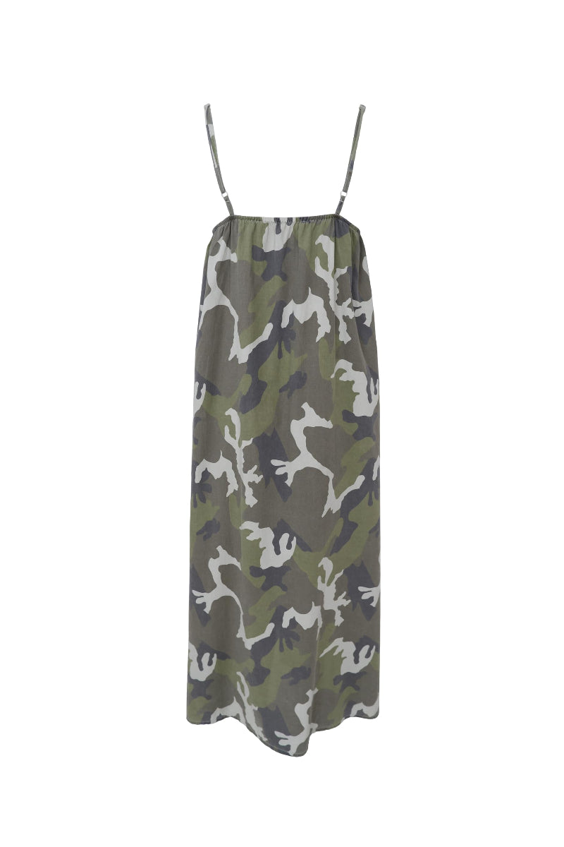 Camouflage-patterned slip dress on a white background
