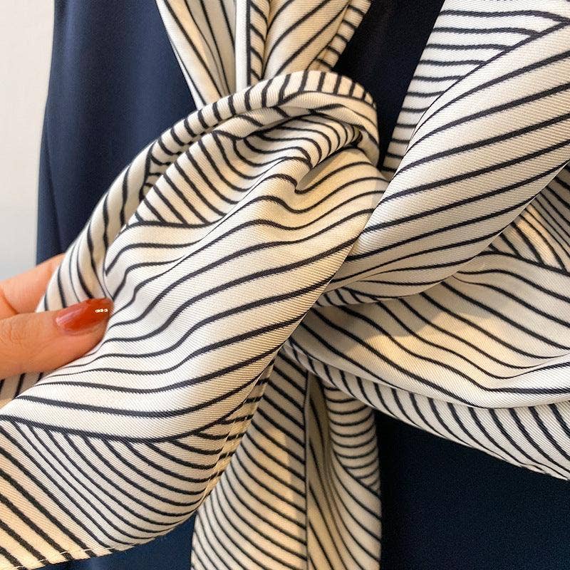 Black and White Striped Silk Scarf closeup