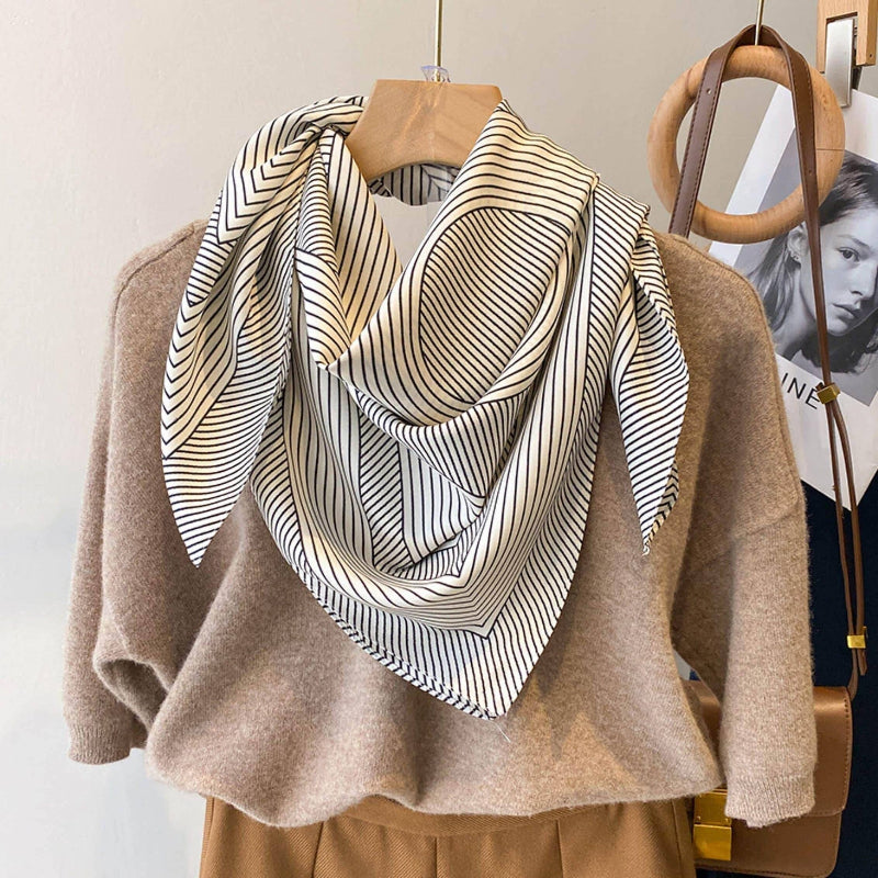 Black and White Striped Silk Scarf tied