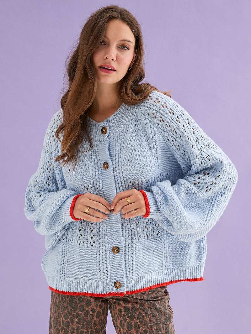 Cara & The Sky Brigit Pointelle Cardigan in sky blue on model