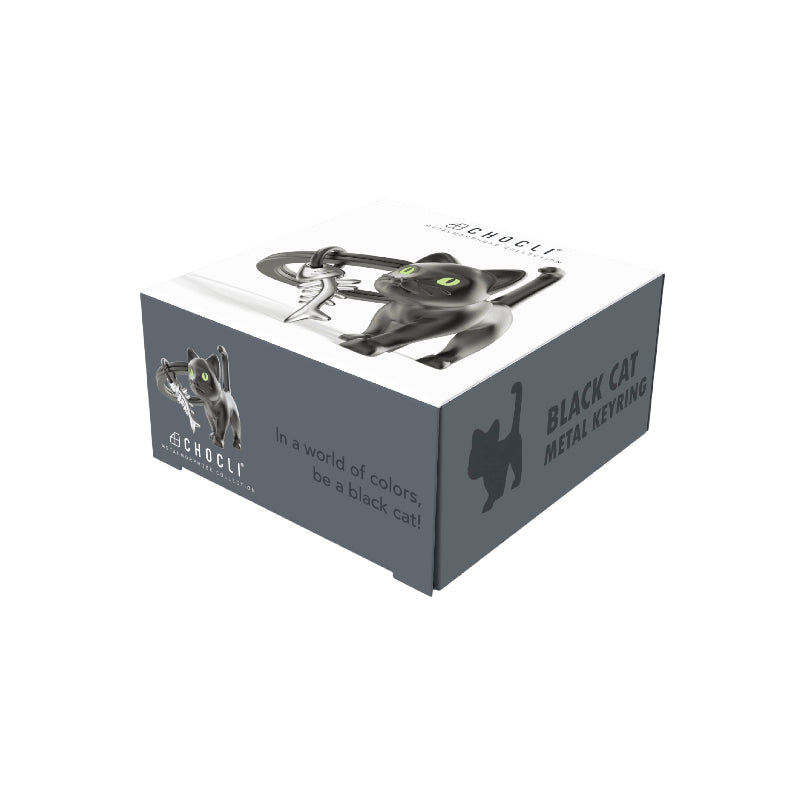 Boxed black cat and fish bone keyring on a white background