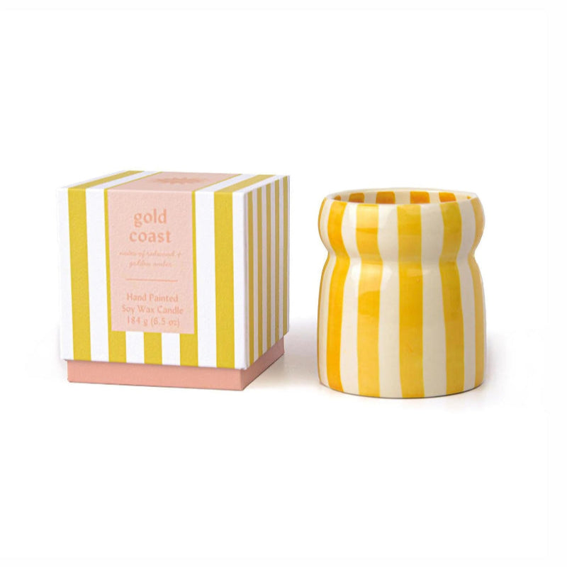 Cabana 6.5oz/184g Ochre Stripped Ceramic Candle - Gold Coast Boxed 2