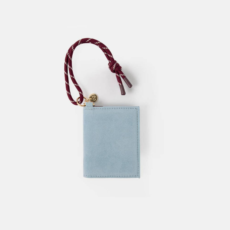 A light blue suede passport holder or card case with a maroon braided leather strap and gold-tone hardware, shown on a plain white background.