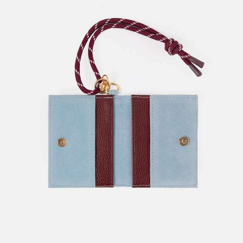 A light blue suede wallet with burgundy leather vertical stripes and a matching burgundy braided strap with gold-tone hardware, shown on a plain white background.