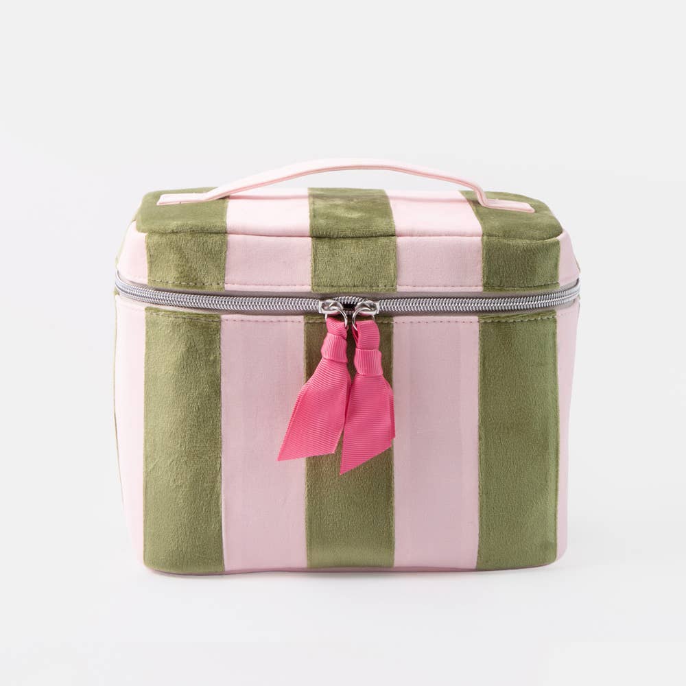 A square zippered cosmetic bag with vertical pink and olive green stripes, featuring a light pink top handle and a pink ribbon charm on the zipper.
