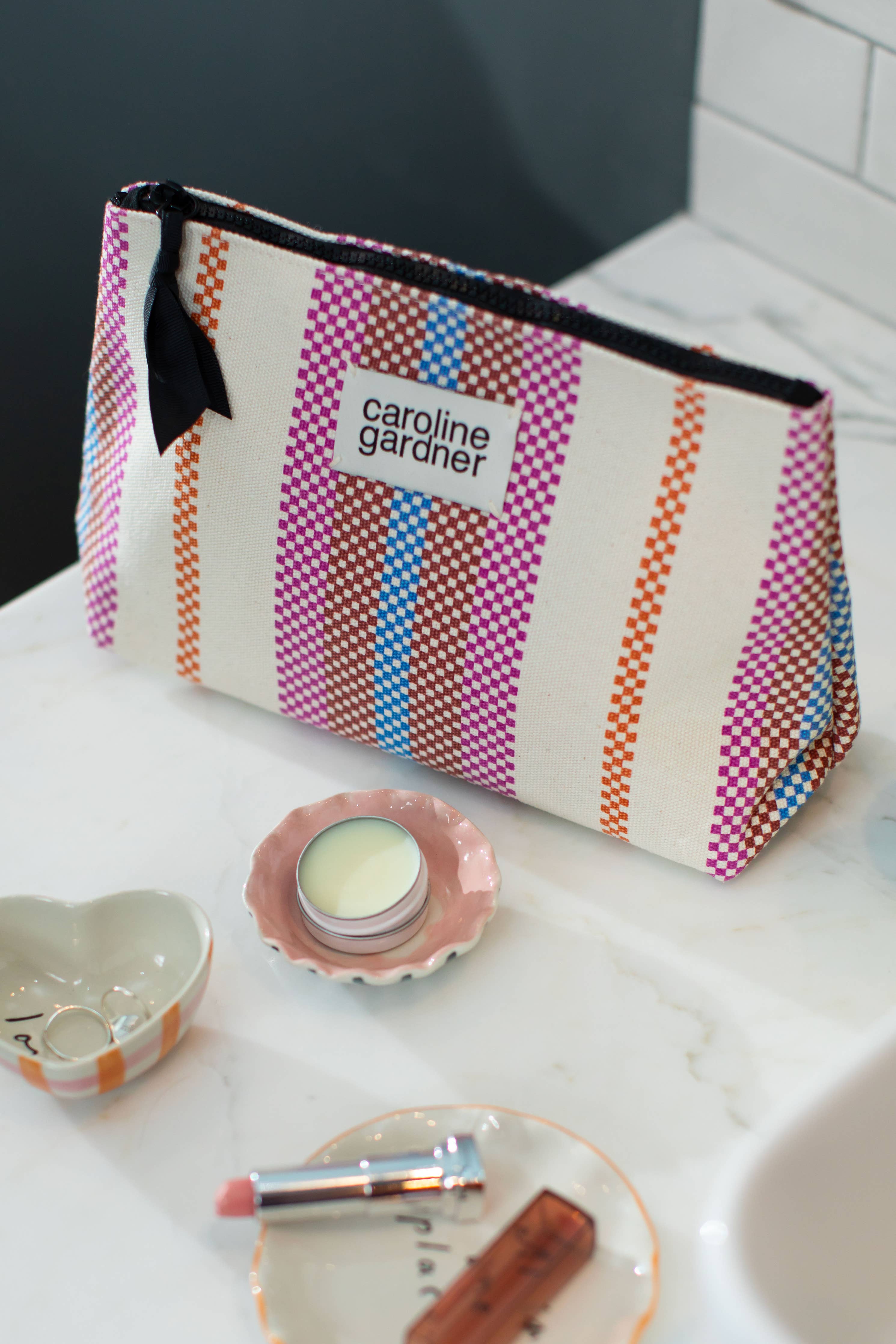 Caroline Gardner checkered striped cosmetic wash bag