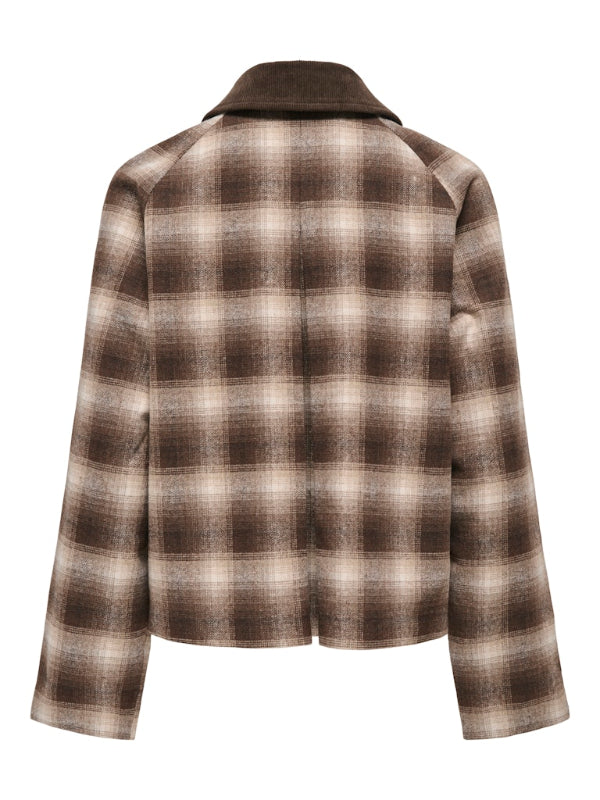 Plaid shirt with brown and white pattern on a white background