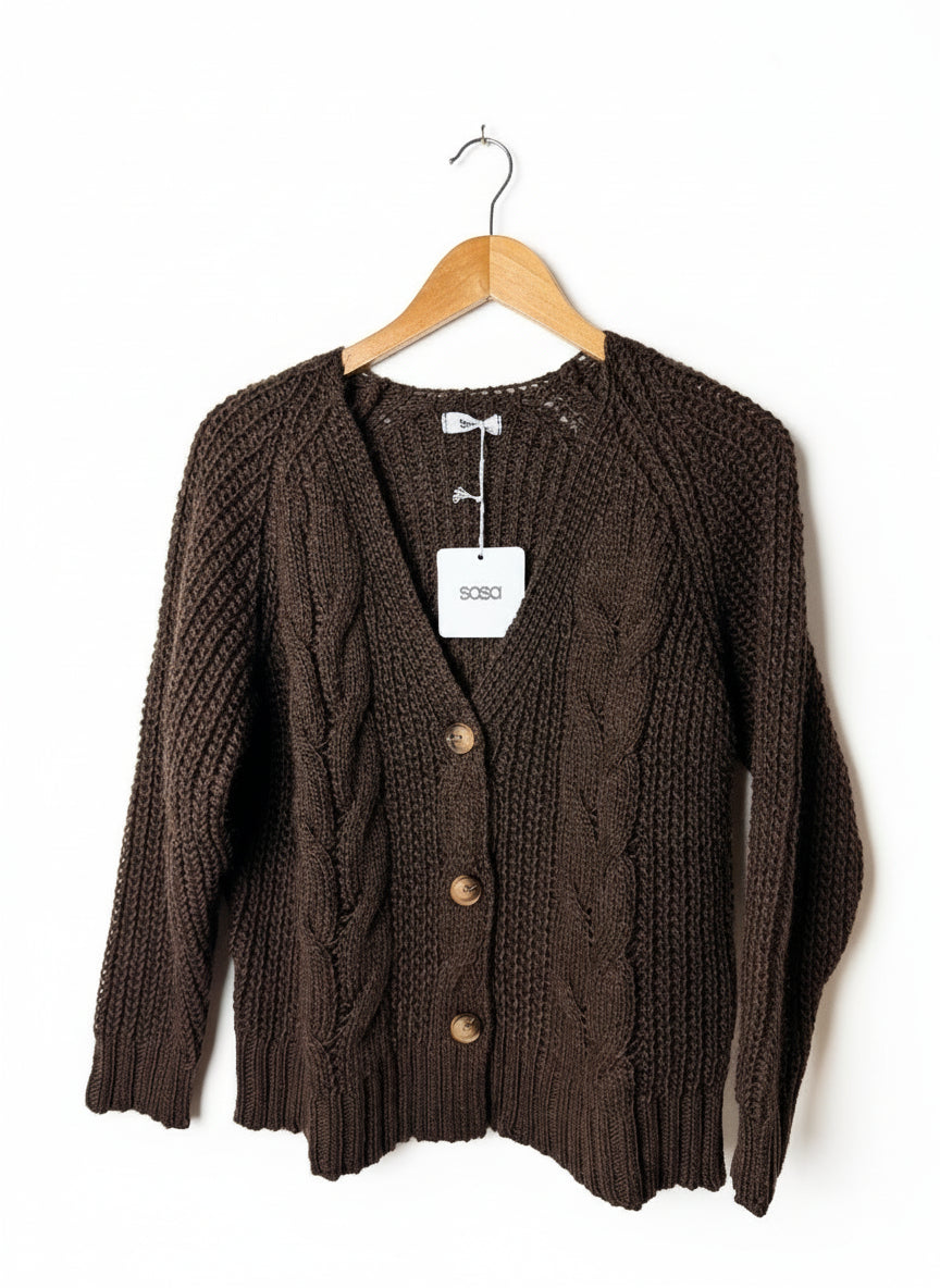 Chunky Cable Knit Cardigan Brown