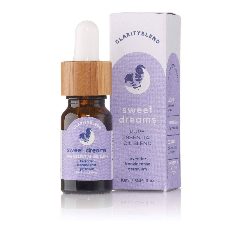 ClarityBlend sweet dreams pure essential oil blend bottle and packaging on a white background