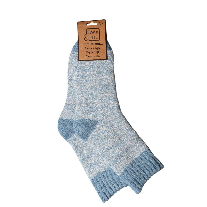 Pair of blue and gray socks with a 'Jess & Lou' label on a white background