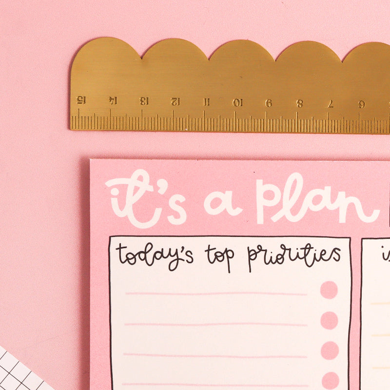 Pink planner with 'it's a plan' text and ruler on pink background