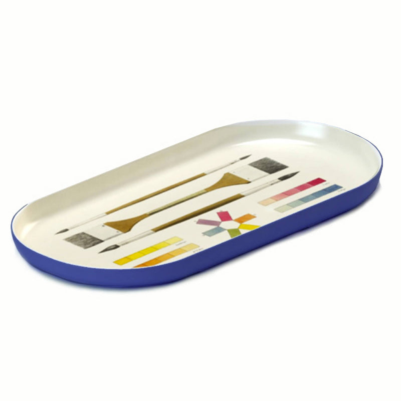 Decorative tray with colorful geometric designs on a white background