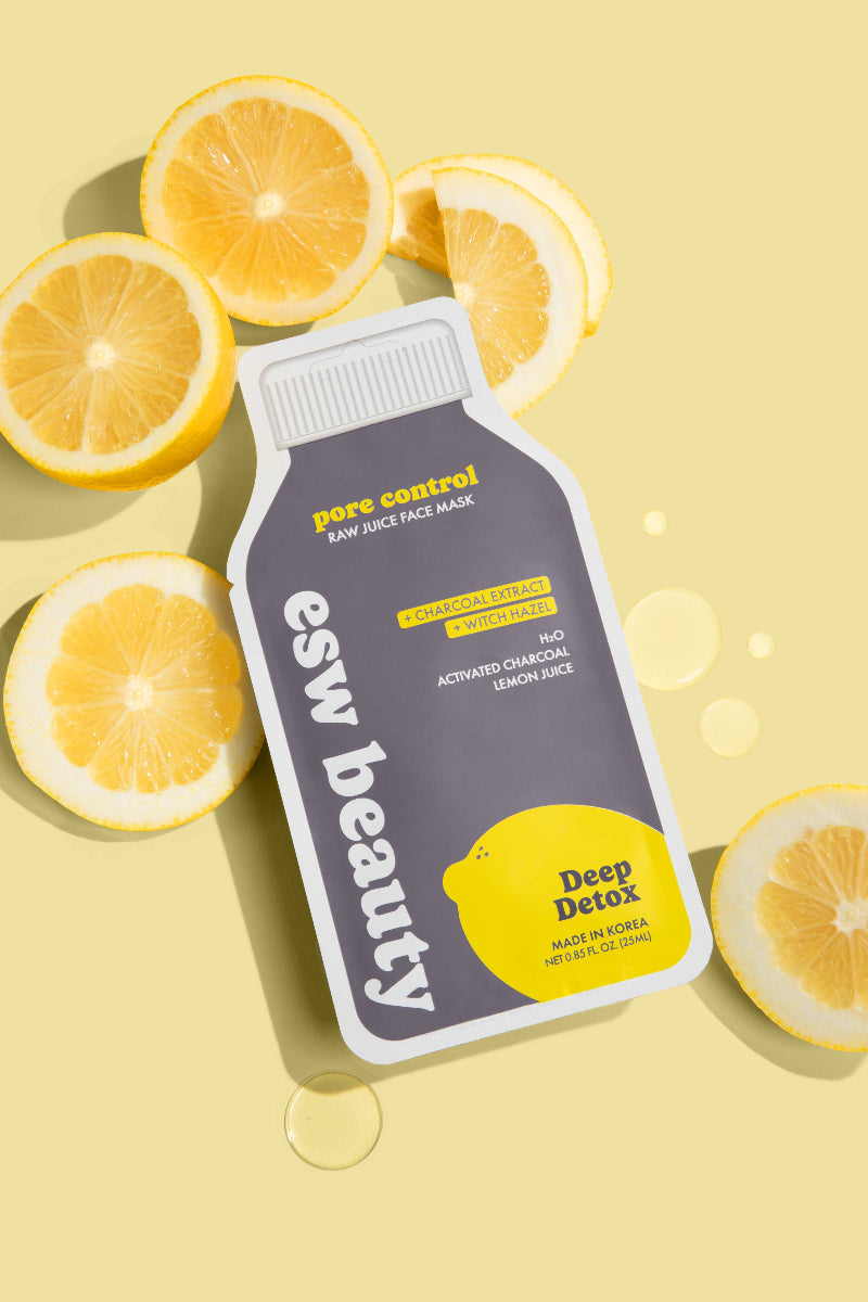 Esw Beauty deep detox face mask with lemon slices on a yellow background