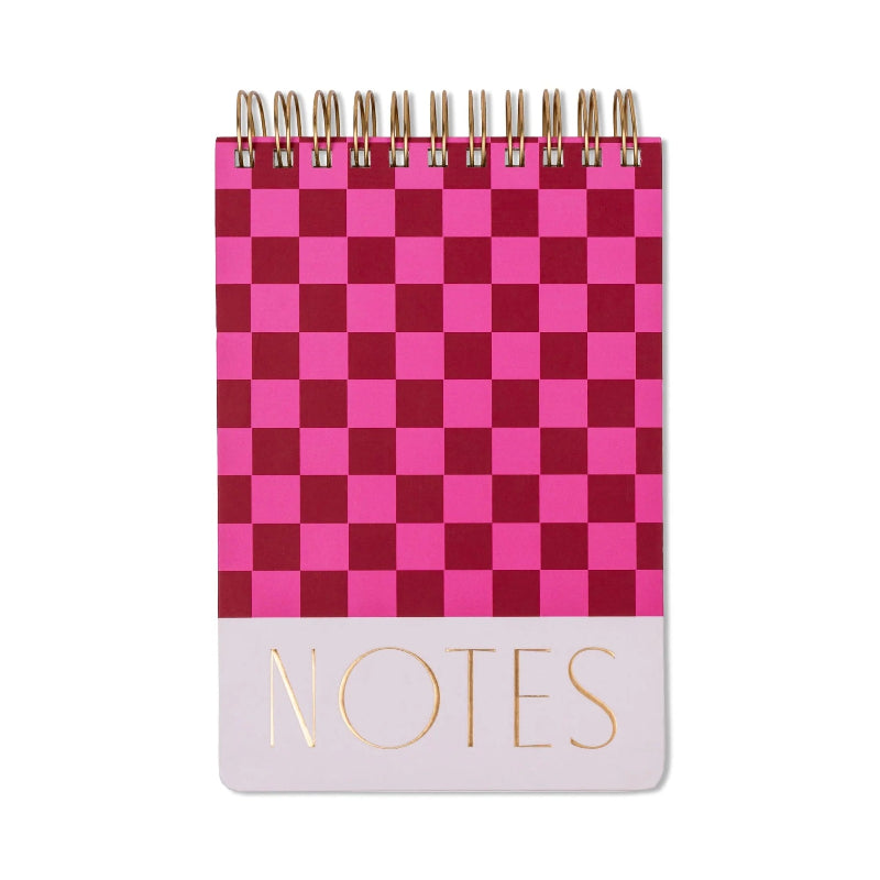 Notes pink & red chequer large metal ring notepad