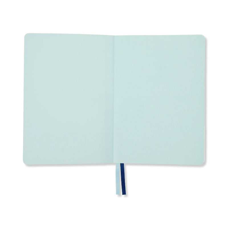 Light blue notebook with a strap on a white background