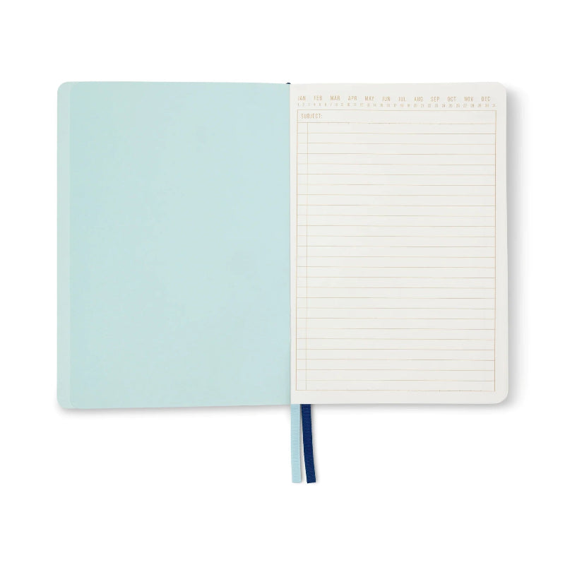 Notebook with light blue cover and white lined pages on a white background