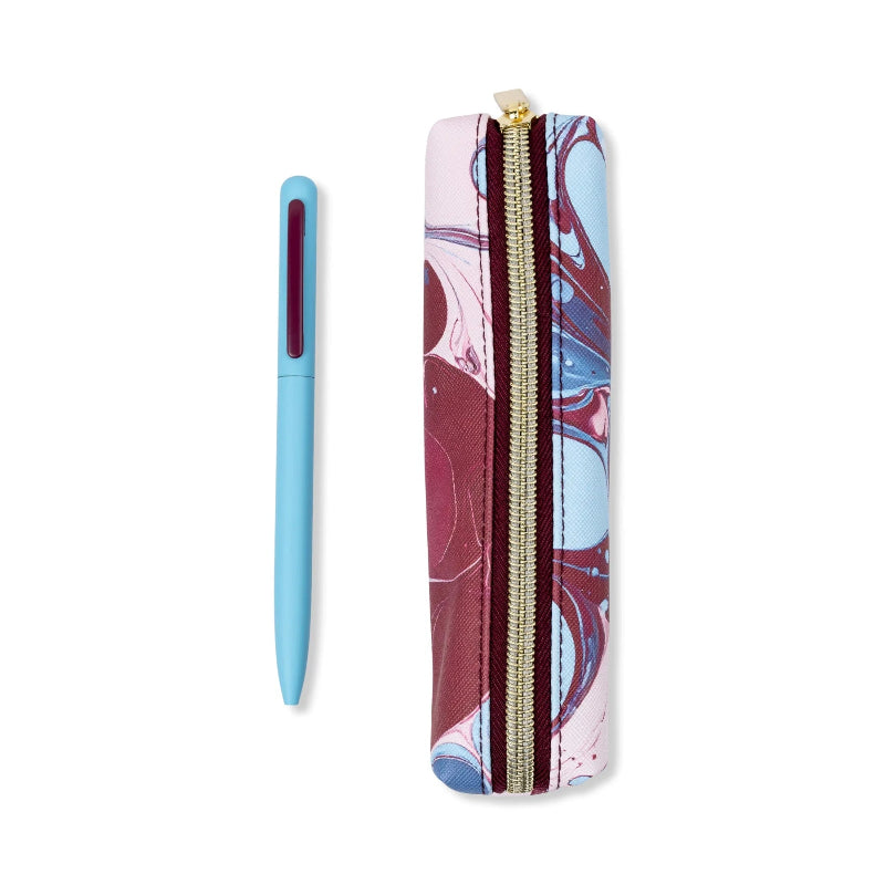 Marbled patterned pencil case with a pen on a white background