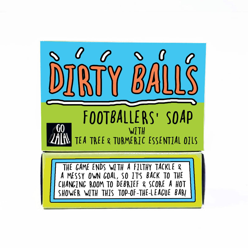 Soap packaging for 'Dirty Balls Footballers' Soap' with colorful design and text.