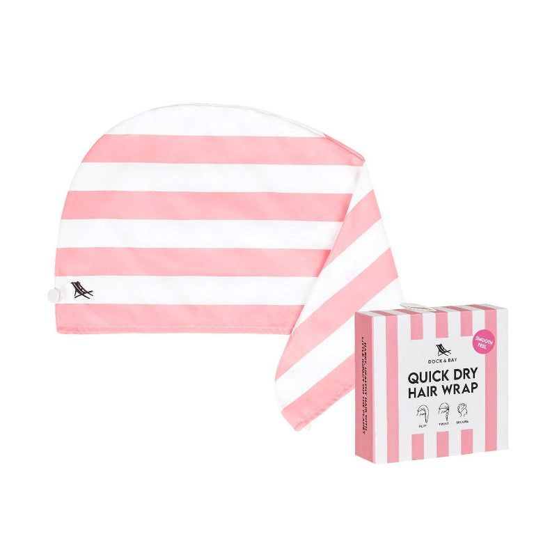 Pink and white striped quick dry hair wrap with packaging on a white background