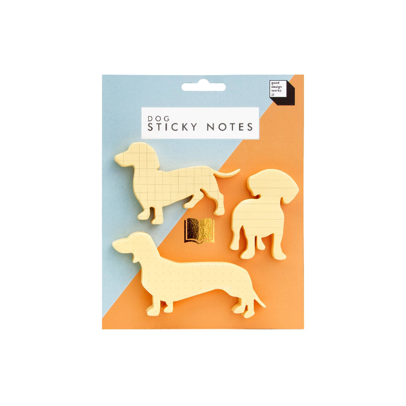 Pack of sticky notes with dog designs on a blue and orange background