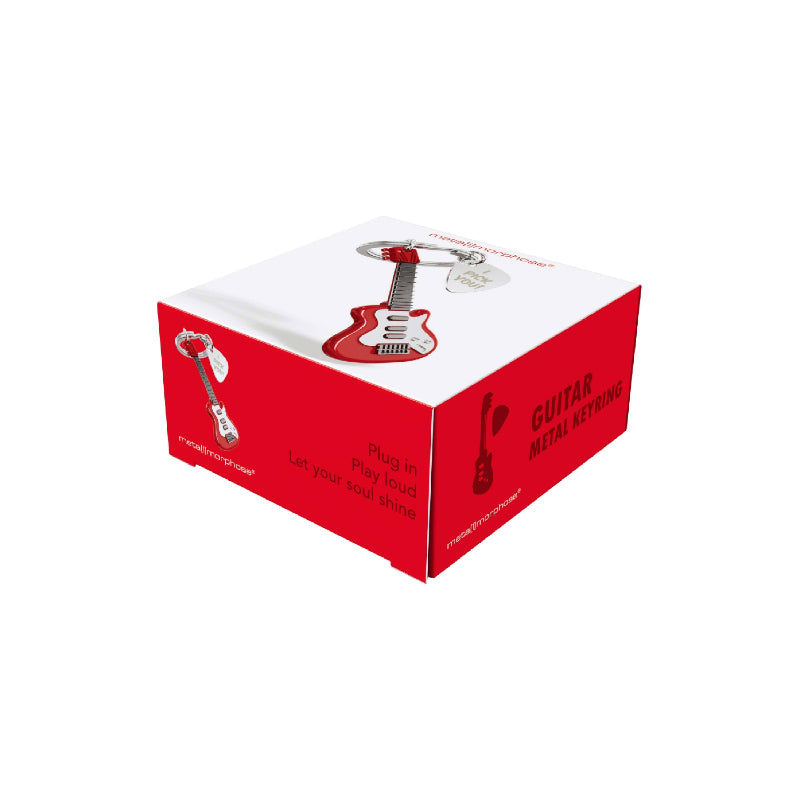 Red and white box with guitar design and text on a white background