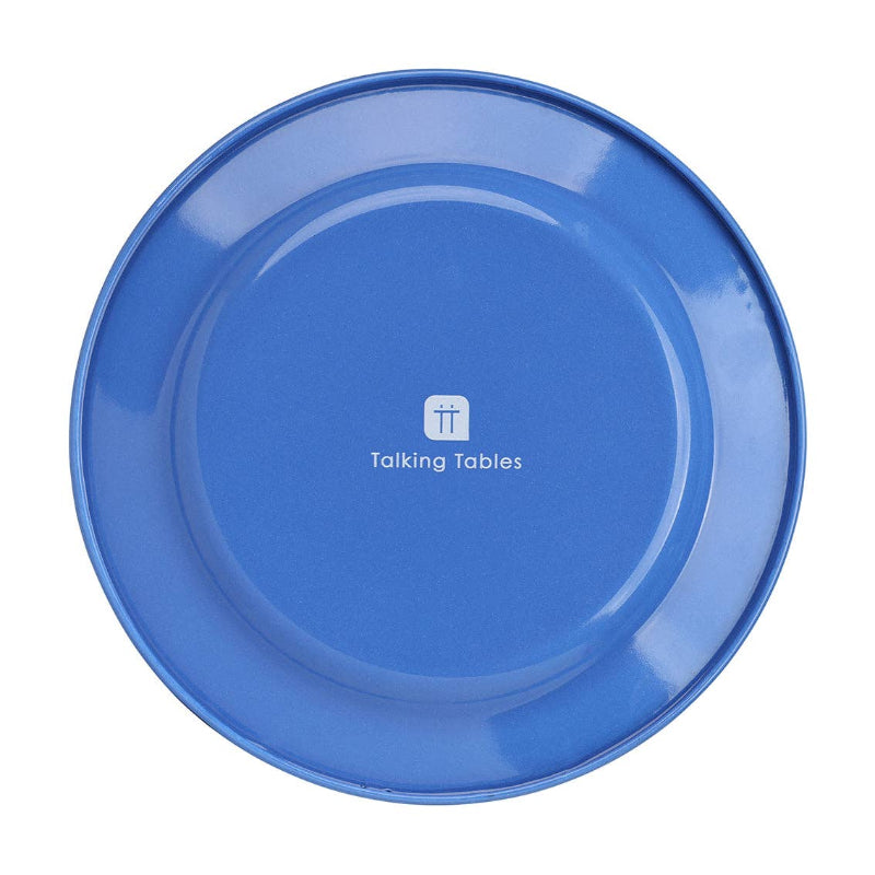 Blue plate with 'Talking Tables' logo on a white background
