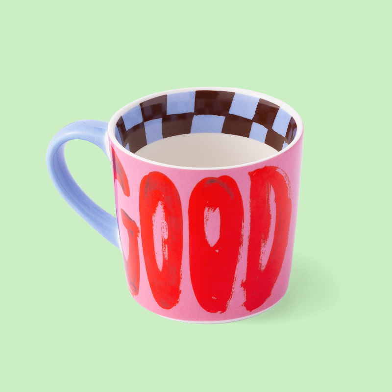 Eleanor Bowmer Good Karma Mug' on a light green background