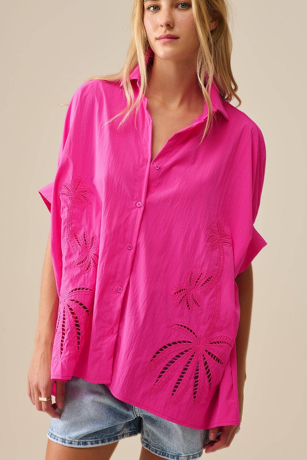 Embroidered Palm Trees Fuchsia Oversized Shirt