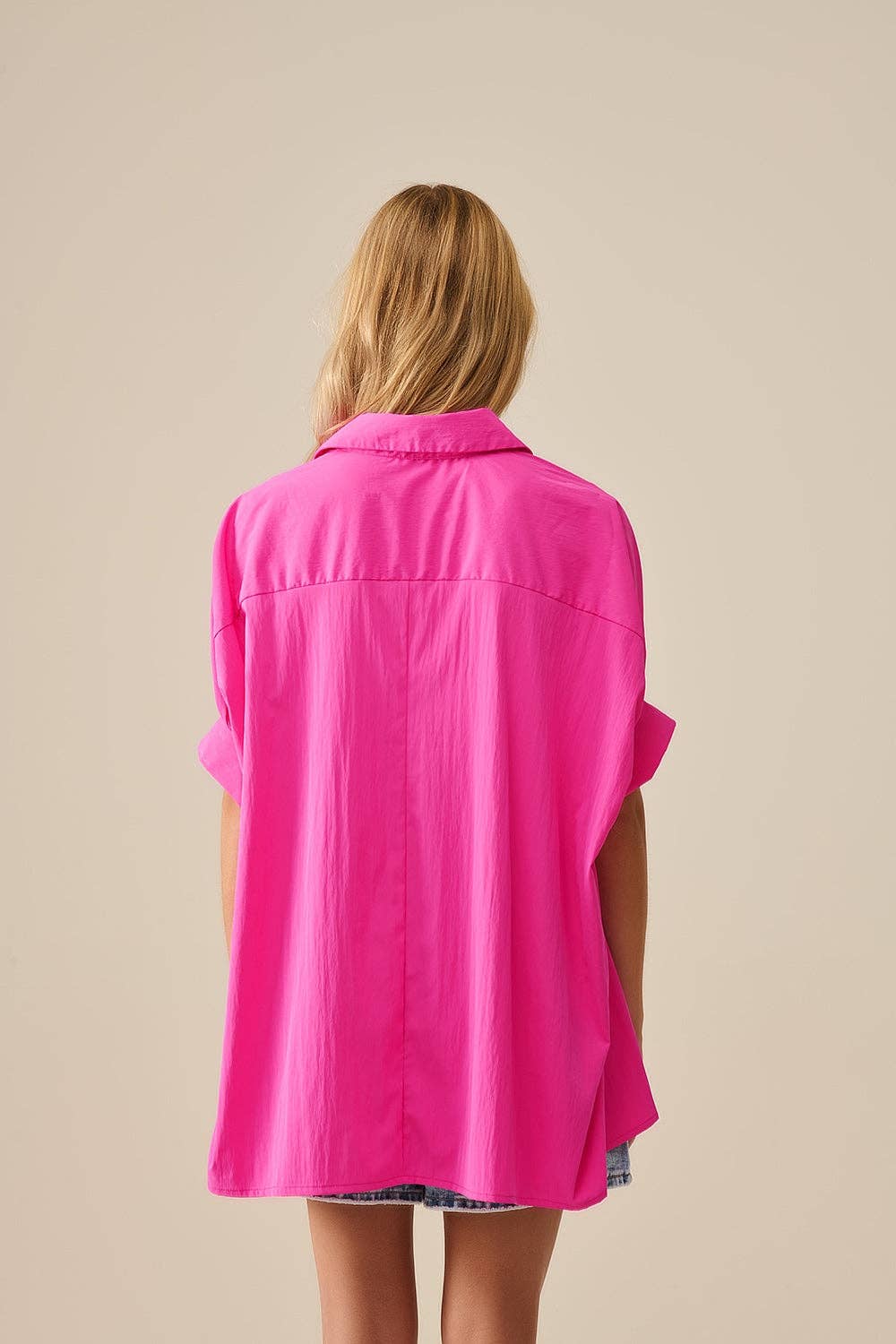 Embroidered Palm Trees Fuchsia Oversized Shirt back