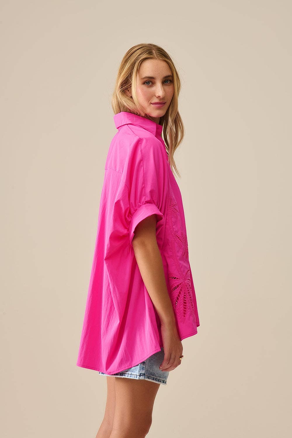 Embroidered Palm Trees Fuchsia Oversized Shirt side