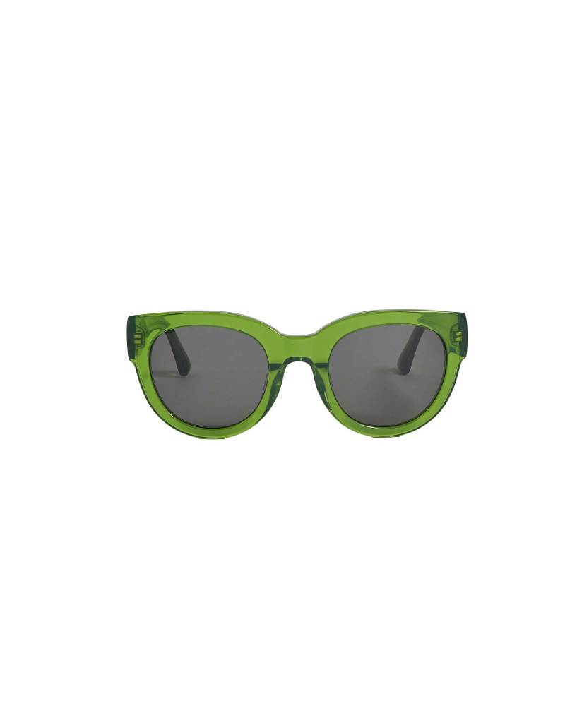Green sunglasses with dark lenses on a white background