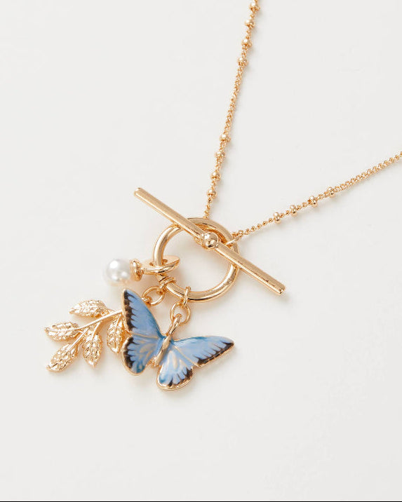 Fable Enamel Blue Butterfly & Leaf Charm Necklace
