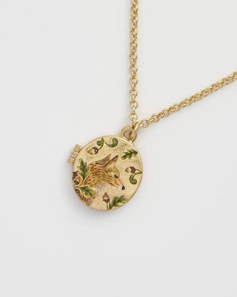 Fable Fox & Acorn Oval Chain Locket Necklace with a round pendant on a light gray background