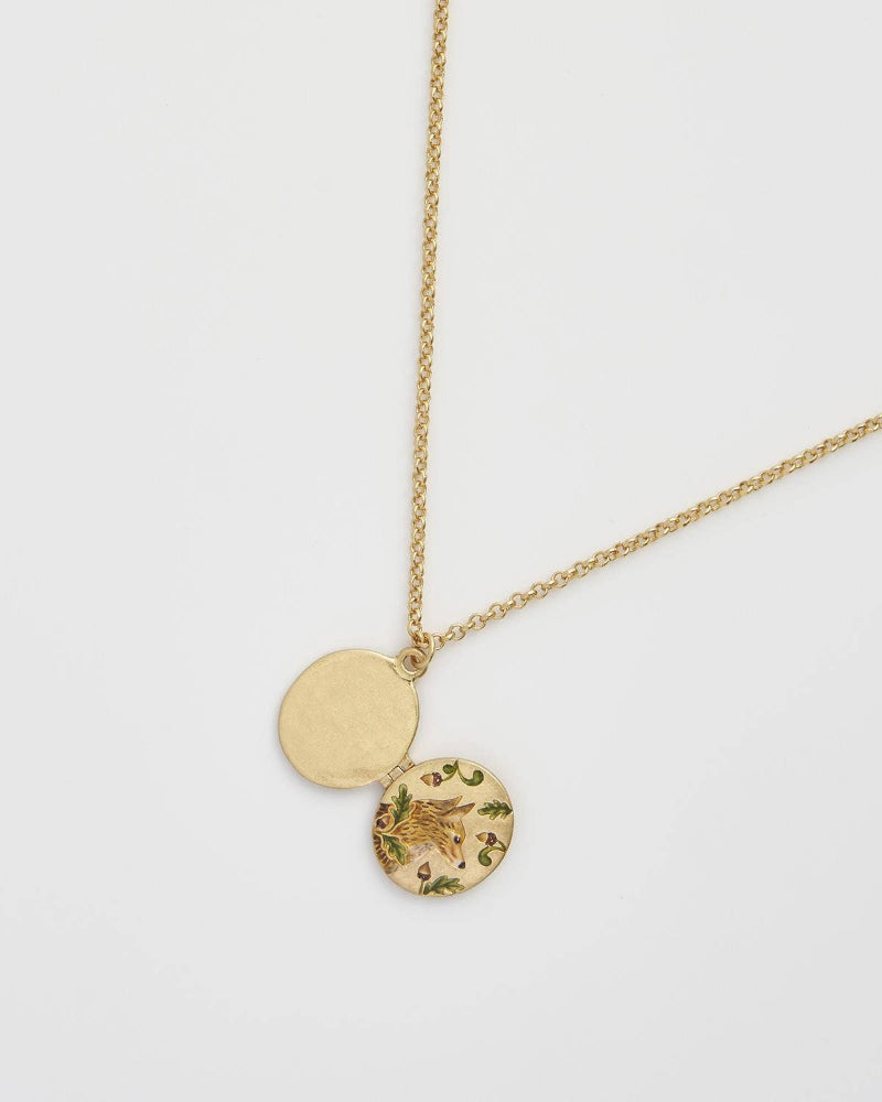 Fable Fox & Acorn Oval Chain Locket Necklace with two round pendants on a light grey background