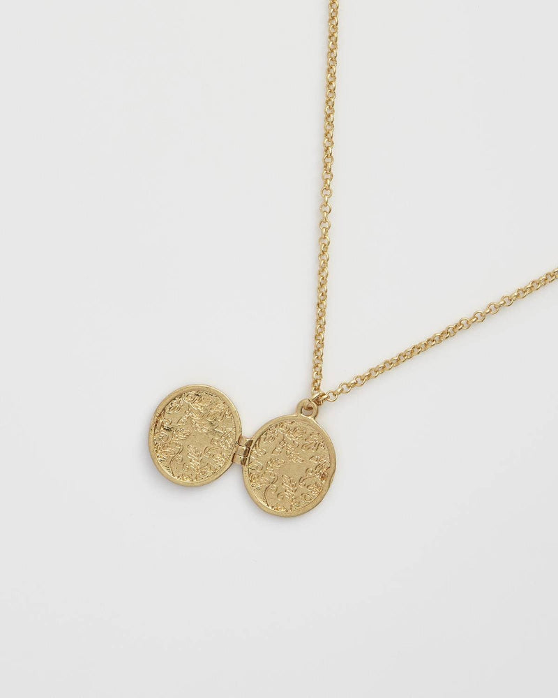Fable Fox & Acorn Oval Chain Locket Necklacewith two circular pendants on a light gray background