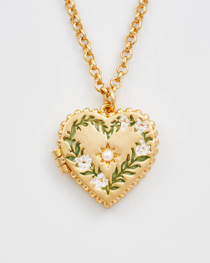 Fable Jasmine Heart Locket Necklace with floral design on a white background