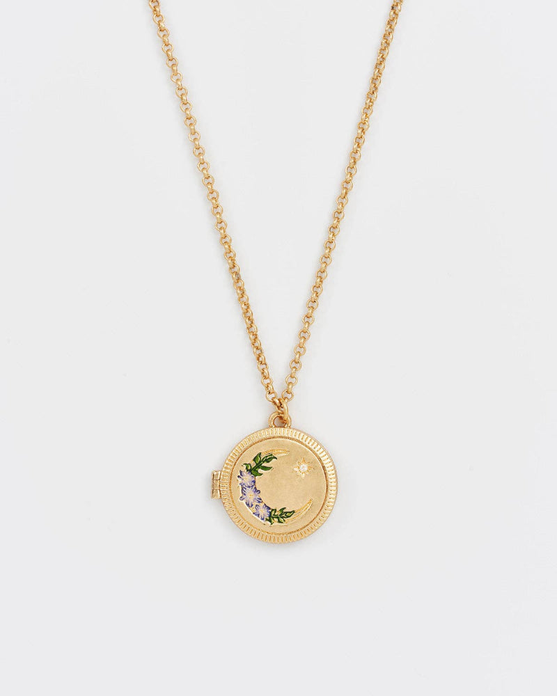 Gold necklace with a round pendant on a light grey background - Fable Nightshade Moon Round Gold Locket Chain Necklace