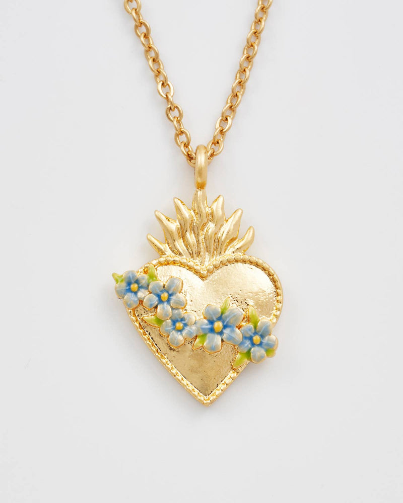 Fable Sacred Heart Necklace pendant with floral details on a white background