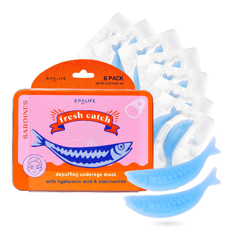Spa Life depuffing undereye mask packaging with blue fish-shaped masks on a white background