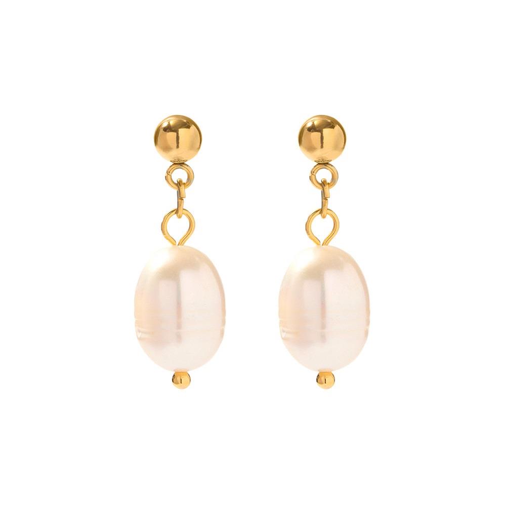 Pair of pearl earrings with gold clasps on a white background