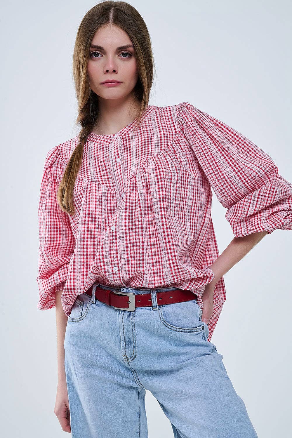 Gingham Red & White Blouse