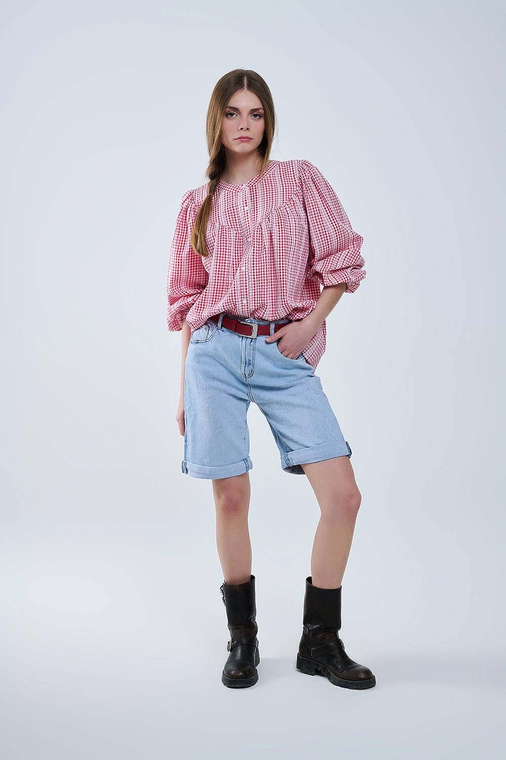 Gingham Red & White Blouse front 2