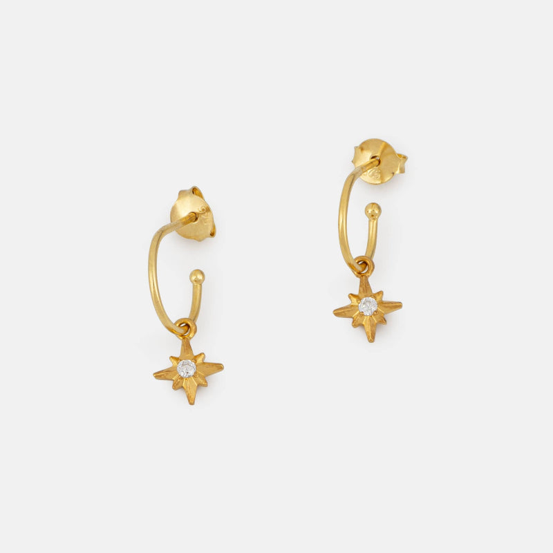 Pair of gold star-shaped earrings on a light gray background
